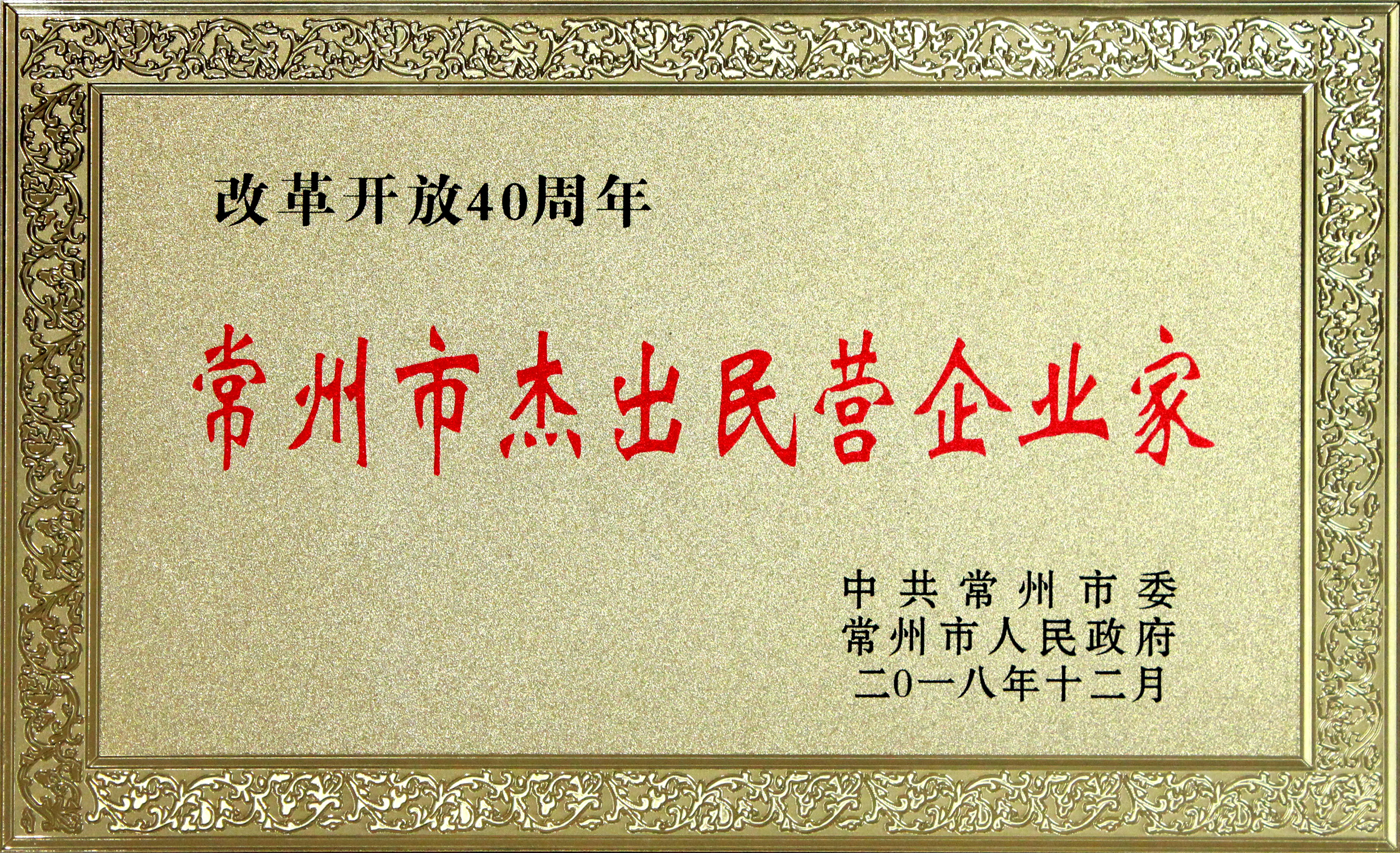 丁山華董事長獲評改革開放40周年“常州市杰出民營企業(yè)家”